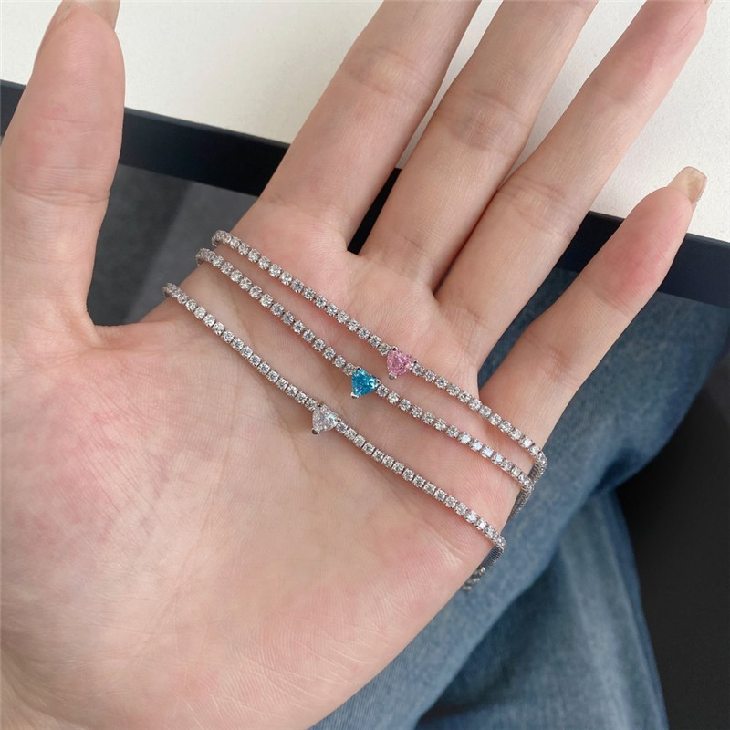 8A Cubic Zirconia 5x5mm Heart Tennis Bracelet Designer for Woman Luxury 925 Sterling Silver Jewelry White Pink Blue Chain Charm Womens Diamond Bracelet Gift Box