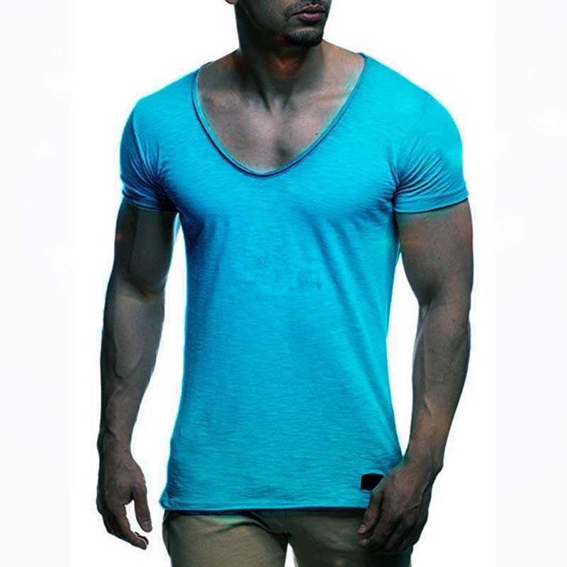 Футболка Sweetheart с v-образным вырезом, бесшовная рубашка большого размера с глубоким V-образным вырезом, футболка с короткими рукавами, облегающая тонкая верхняя футболка, повседневная футболка, camisetas hombre MY070