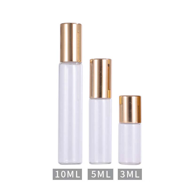 100 Stück 10 ml Parfümrolle auf Glasverpackungsflasche, 5 ml, 3 ml, 2 ml, 1 ml, gefrosteter klarer Bernstein mit Metallkugelrolle, Goldkappe, Fläschchen mit ätherischen Ölen