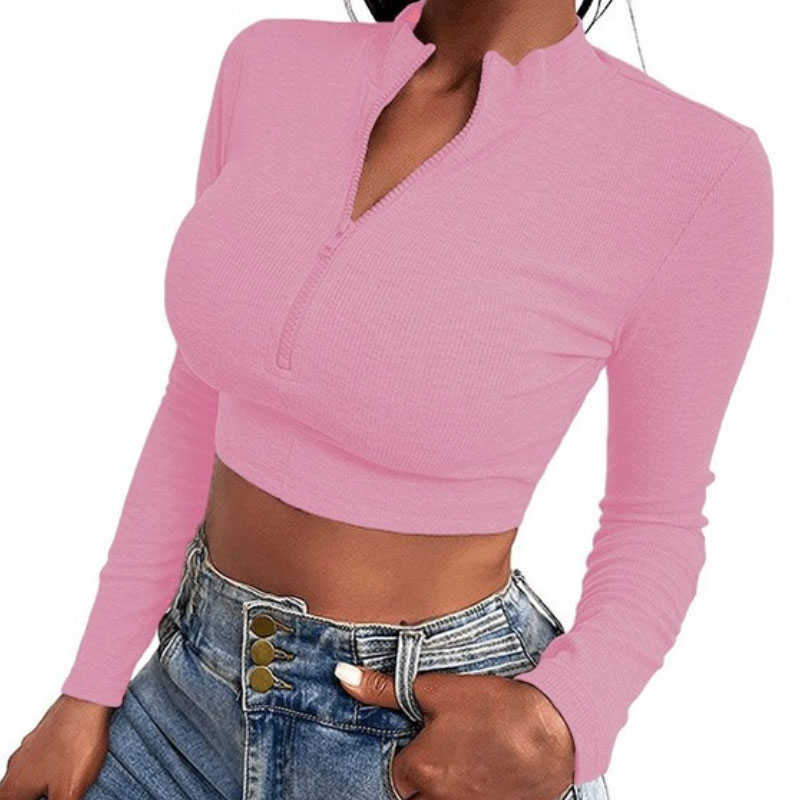 Women's T-Shirt Sexy Tess Short Crop Tops Ribbed Women T Shirts Autumn Clothes Zip-up Long Sleeve Turtleneck Knitted Shirt Neon Green Club GV907 T230104