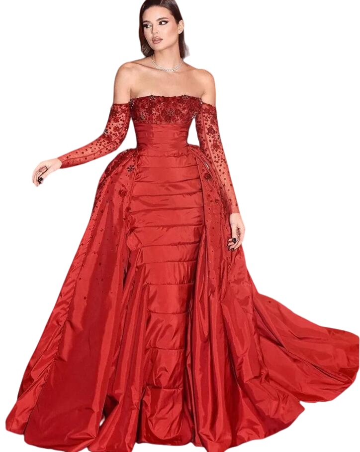 Vestidos de noche de princesa de la sirena de lujo rojo con tren desmontable fuera del hombro Gillter Gillter 3d Floral Arabic Prom Vestido