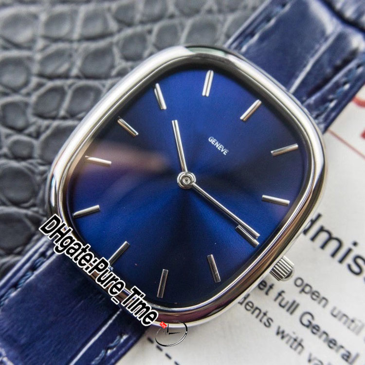 35.6mm gyllene ellipse 9015 Automatisk herrklocka 3738/100p blå dial stålfodral Stick Markers Blue Leather Strap Gents Watches Puretime PTPP E261A 1