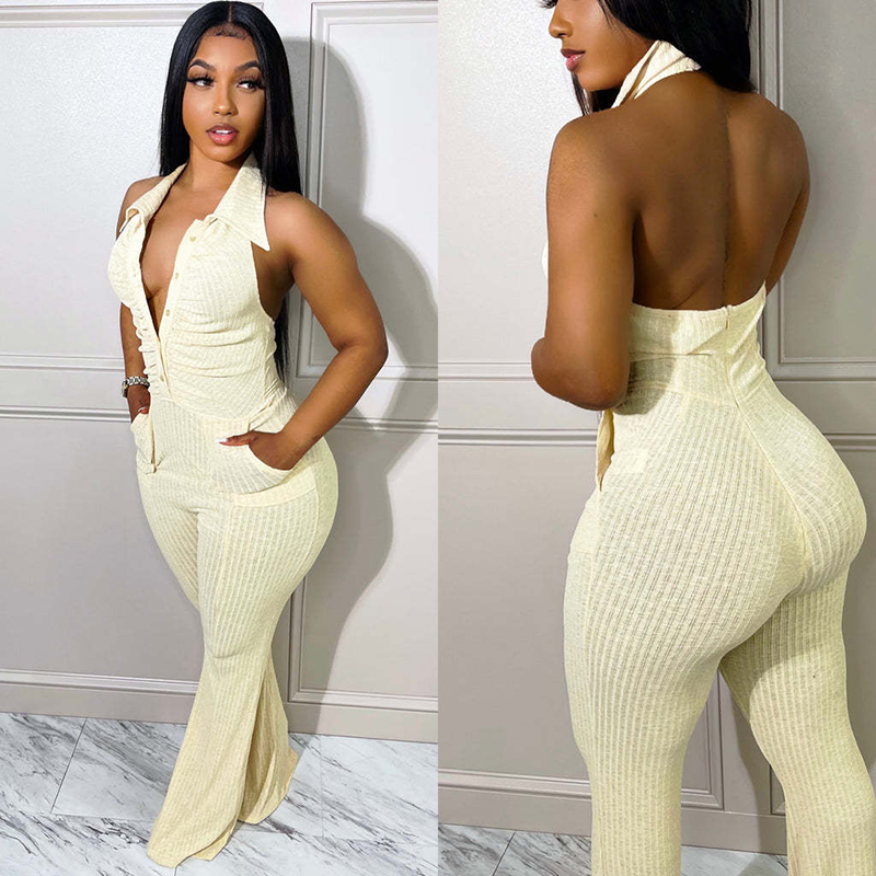 Kvinnors jumpsuits ￤rml￶s sexig halter stickad ribbad ruched bodycon flare en bit jumpsuits sommar ryggl￶s v hals l￥nga rompers med fickor