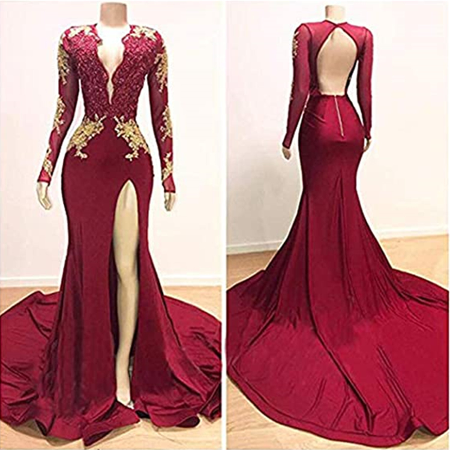 2023 Charming Arabic Mermaid Evening Dresses Long Sleeves Lace Appliqued V Neck High Side Split Formal Dress Party Dress Prom Gown