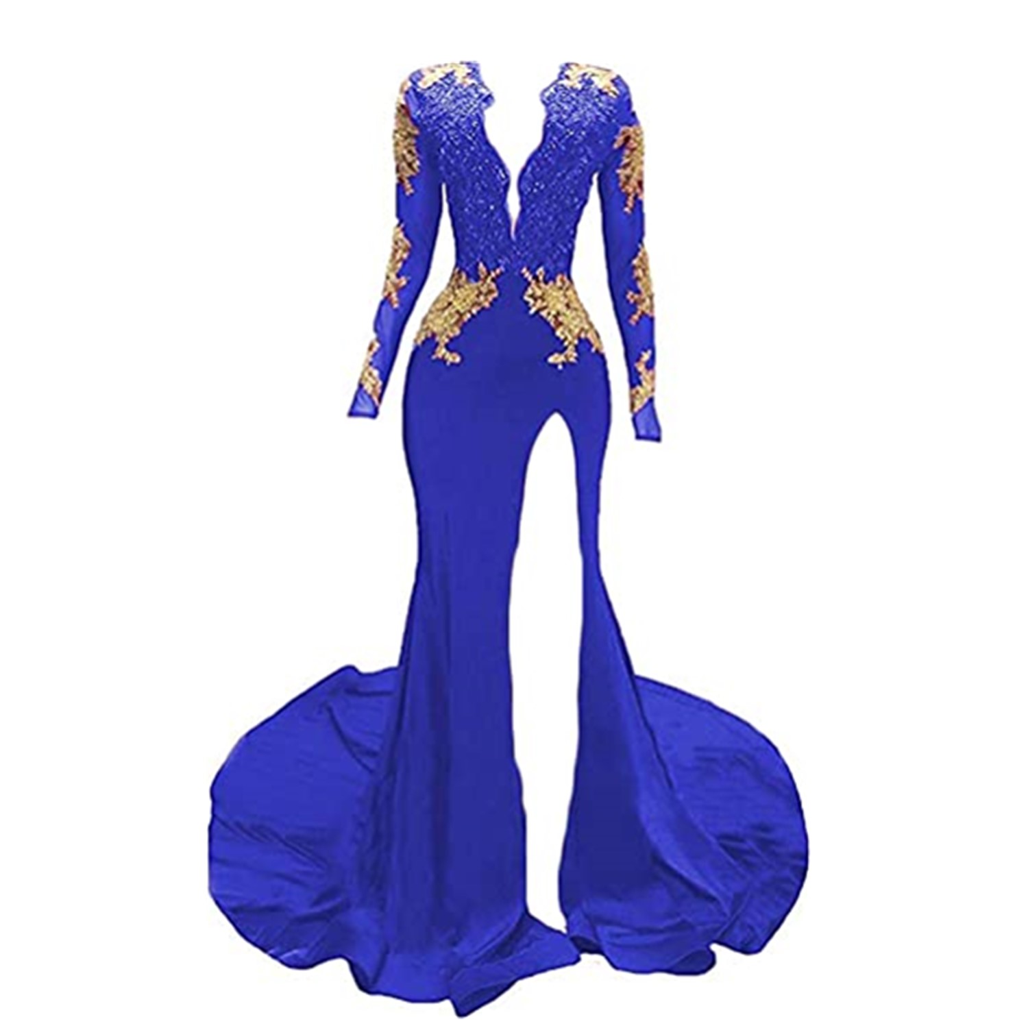 2023 Charming Arabic Mermaid Evening Dresses Long Sleeves Lace Appliqued V Neck High Side Split Formal Dress Party Dress Prom Gown