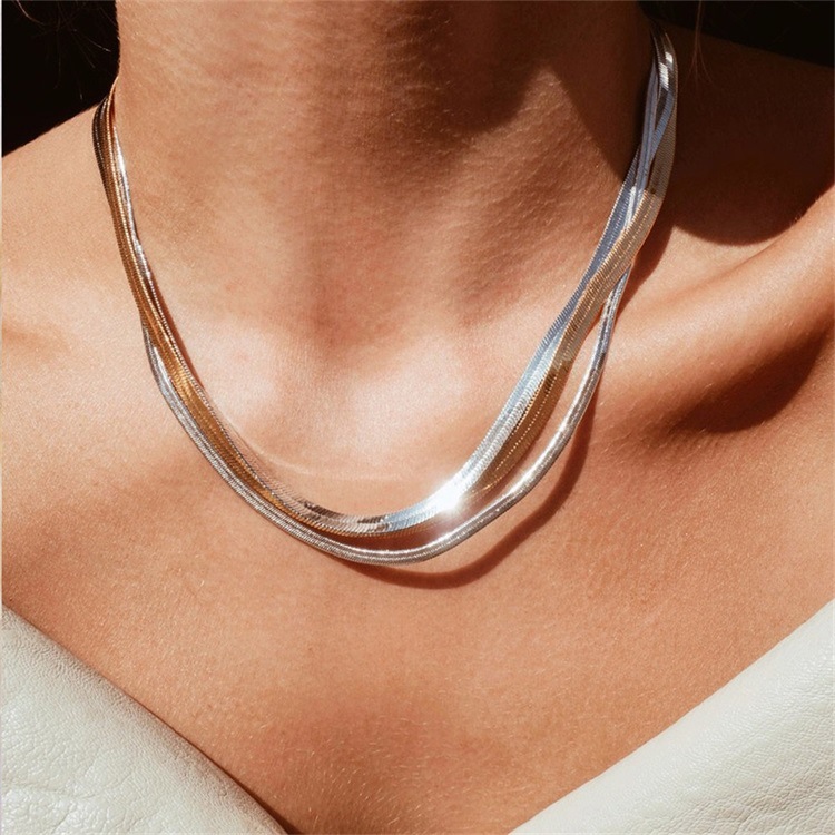 Collar de cadena de acero de acero inoxidable 18K Gold Flat Snake Chain Link Collar de delicadeza para mujeres Boho lindas joyas de playa de verano