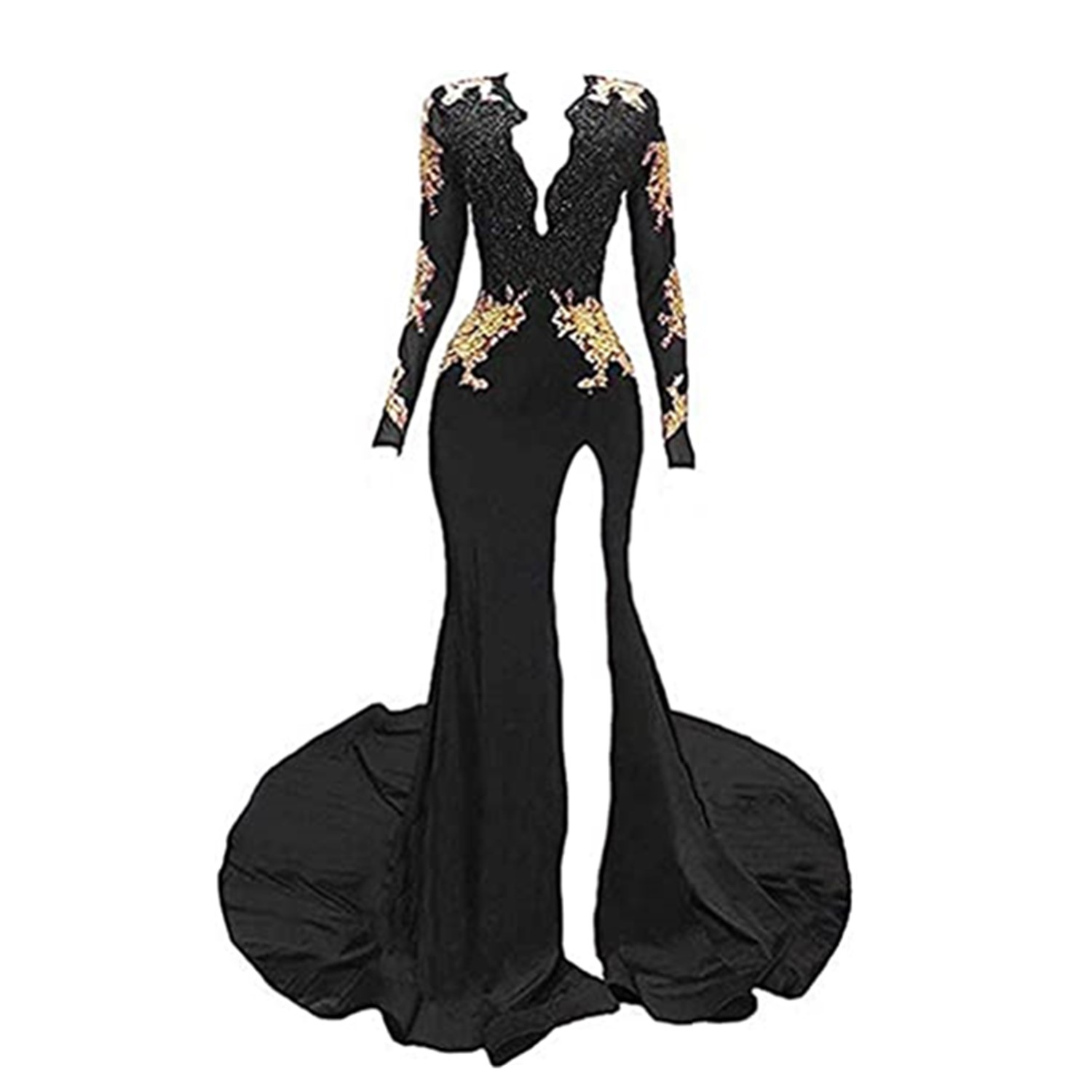 2023 Charming Arabic Mermaid Evening Dresses Long Sleeves Lace Appliqued V Neck High Side Split Formal Dress Party Dress Prom Gown