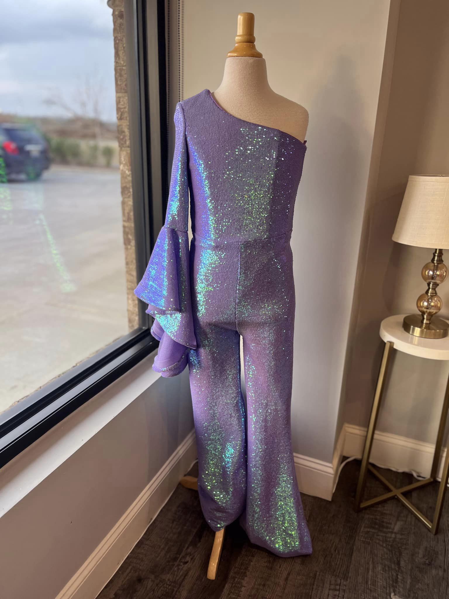 Yellow Girl Pageant Dress Jumpsuit 2023 Sequins Romper Bell Sleeves Little Kid Birthday One-Shoulder Formal Party Gown Toddler Teens Preteen 70's vibes Lilac