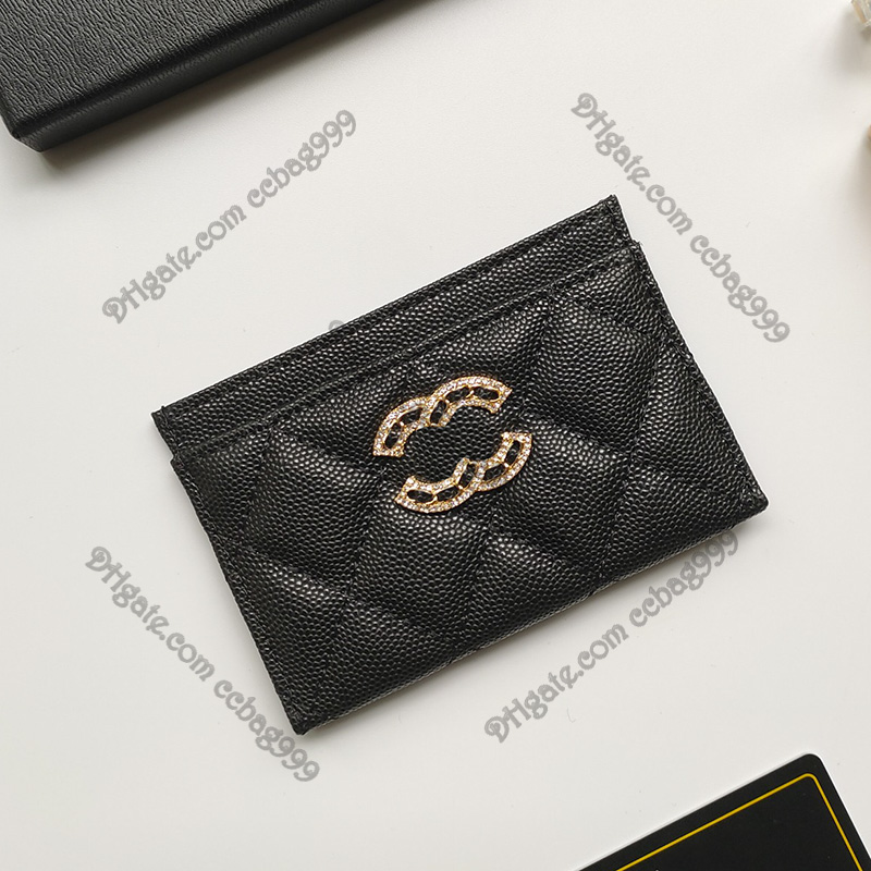 Luxe Mini 19 Caviar Designer Portefeuilles Kaarthouder Glanzend Parelachtig Generfd Kalfsleer Gewatteerd Klassiek Kaartpakket Goud Vlees Hardware Purs209B