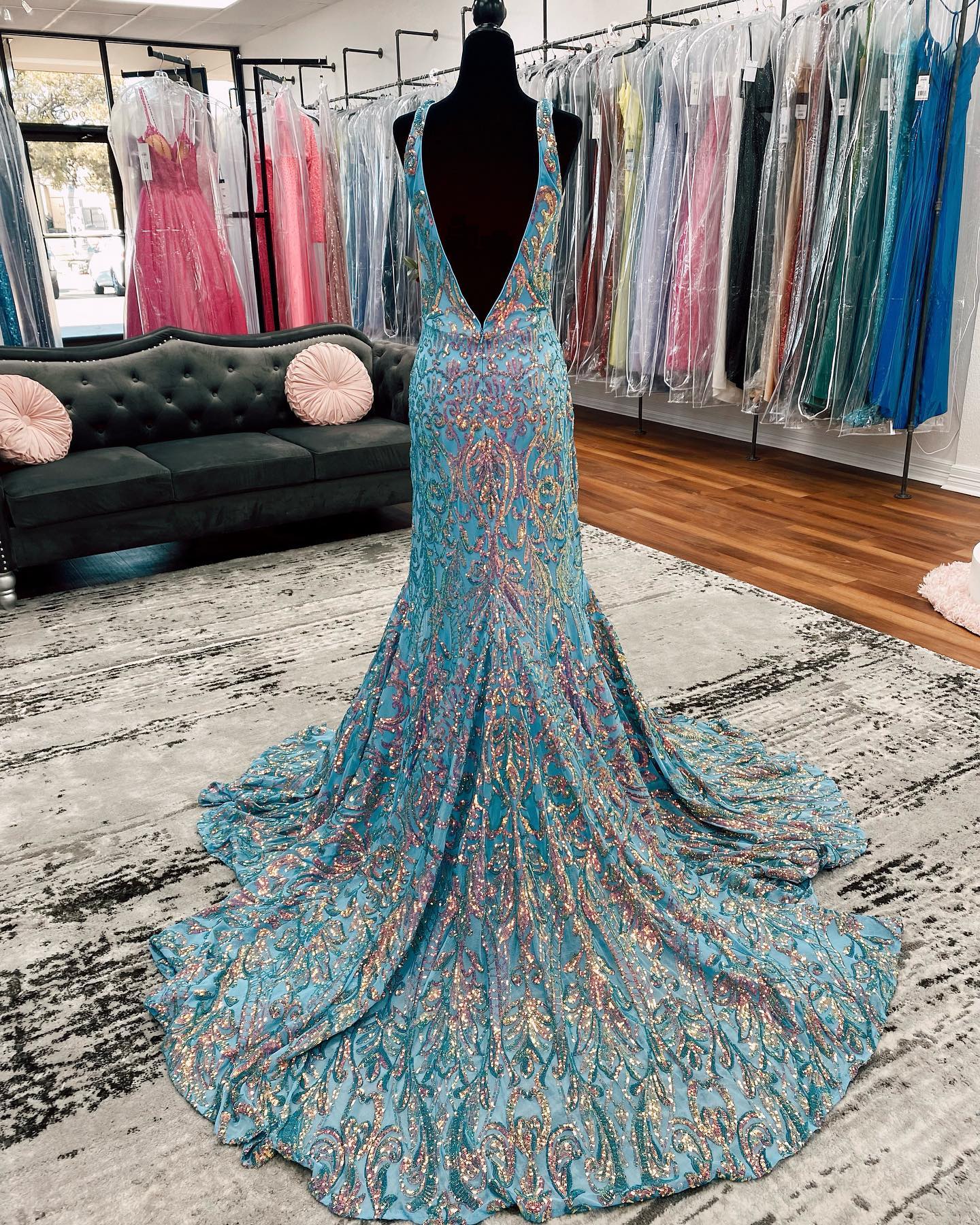 Shimmery Iridescent Sequin Prom Dress Plunging V-Neckline Intricate Pattern Lady Preteen Teen Girl Pageant Gown Formal Party Wedding Guest Red Capet Runway Low Back