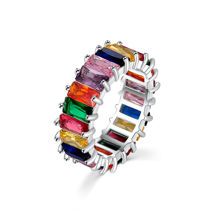 New Colorful Cubic Zircon 925 Sterling Silver Wedding Eternity Band Ring for Women Fashion Jewelry Christmas Party Gift