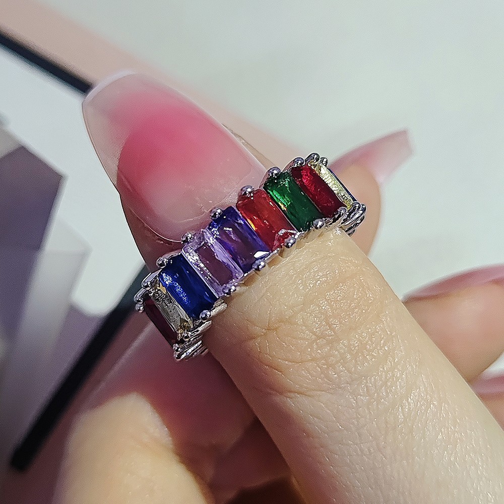 Nuevo anillo de banda de eternidad de boda de plata de ley 925 con circonita cúbica colorida para mujer, joyería de moda, regalo de fiesta de navidad