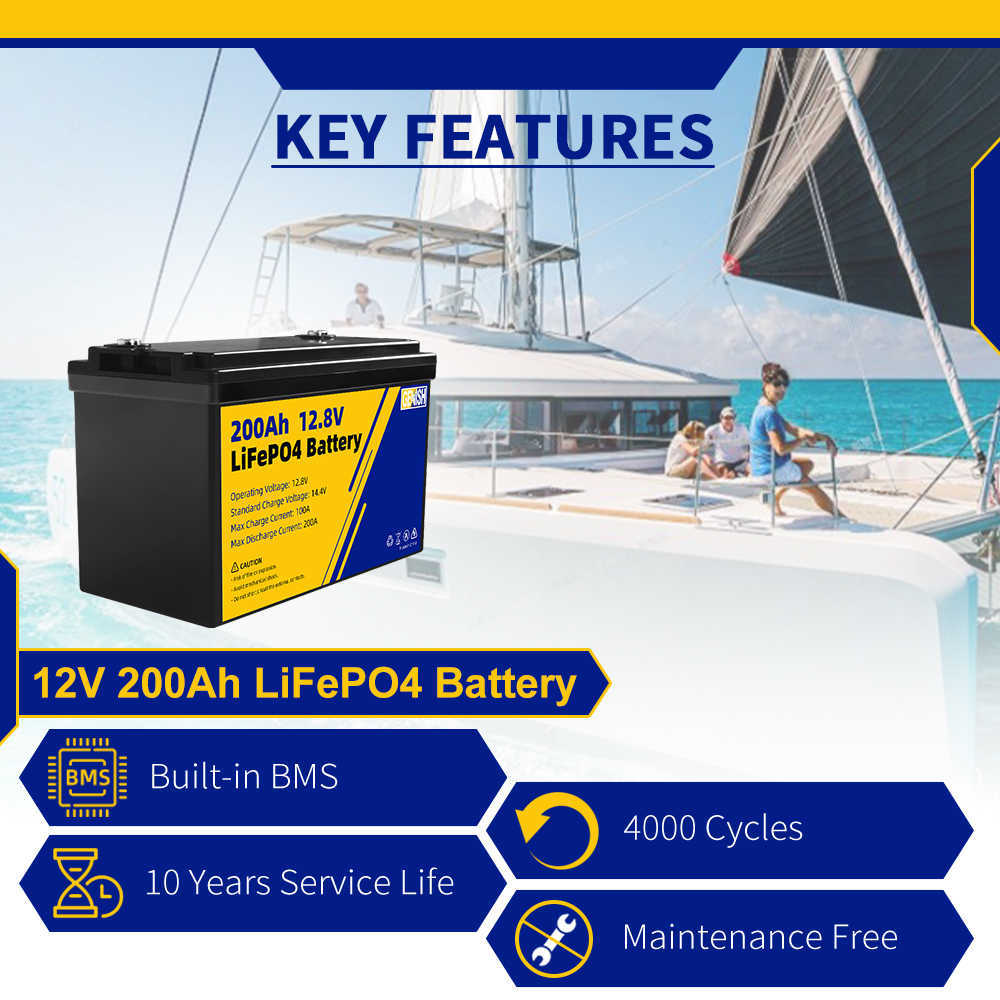 Wiederaufladbare 12V 200Ah Lifepo4-Batterie Deep Cycle Lithium-Eisenphosphat-Solarzelle für 12V 24V 48V Boot Golfwagen RV Gabelstapler