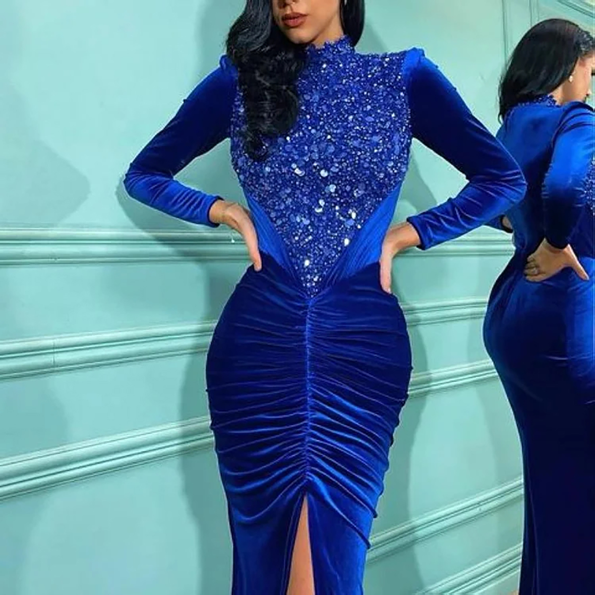 Glamoureuze prom-jurken Mermaid Hoge nek Solid kleur Taffeta Pailletten lange mouwen voorste splitsplooien vloeren vloer lengte ritssluiting op maat gemaakte avondjurk plus maat