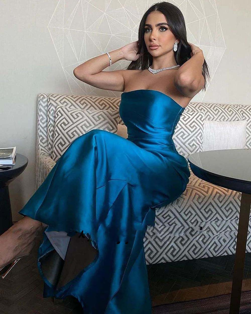 Blue Mermaid Evening Dresses Solid Satin Strapless Formal Gowns Robe de Soiree Floor Length Evening Prom Dress 2023