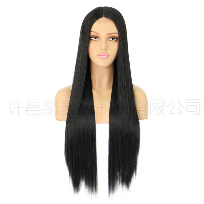 Saç sentetik peruk kapakları aisi xuchang ön dantel dişi s bölünmüş uzun düz kimyasal fiber kafa kapağı 1201