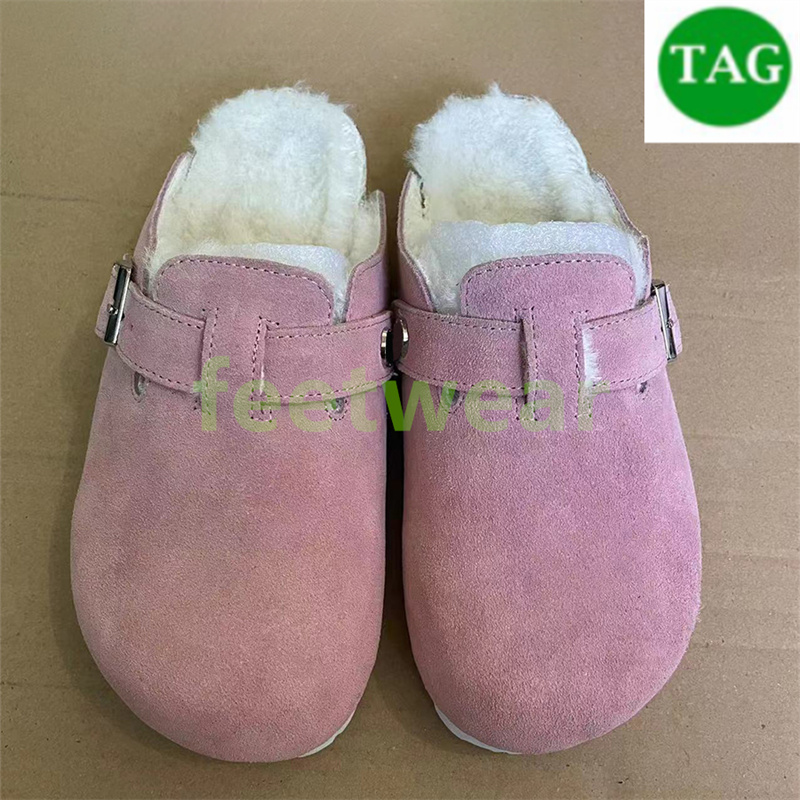 Moda Alemania Sandalias hombres mujeres zapatos Boston Shearling Suede Zuecos Plantilla suave Zapatillas de cuero Mocasines Arizona Tow-strap Sandalia rosa negro visón mujer zapato