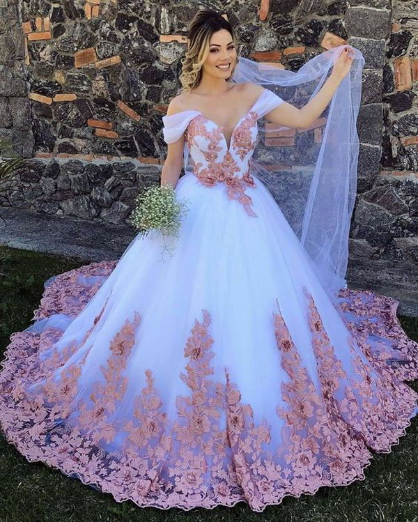 2023 Modest Pink Floral Lace Wedding Dresses Princess A-line Off The Shoulder Bridal Dress For Bride Long Train Vestiods De Festia