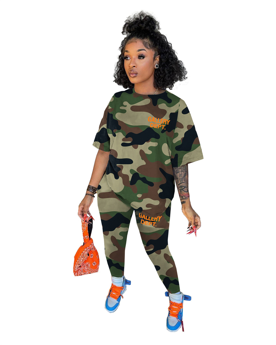 Tracksuits Women Short Sleeve Pants Outfits Two Piece Set T Shirt Jogging Sport Sate Tights Camouflage Letter Print O-Neck Top Set K10877