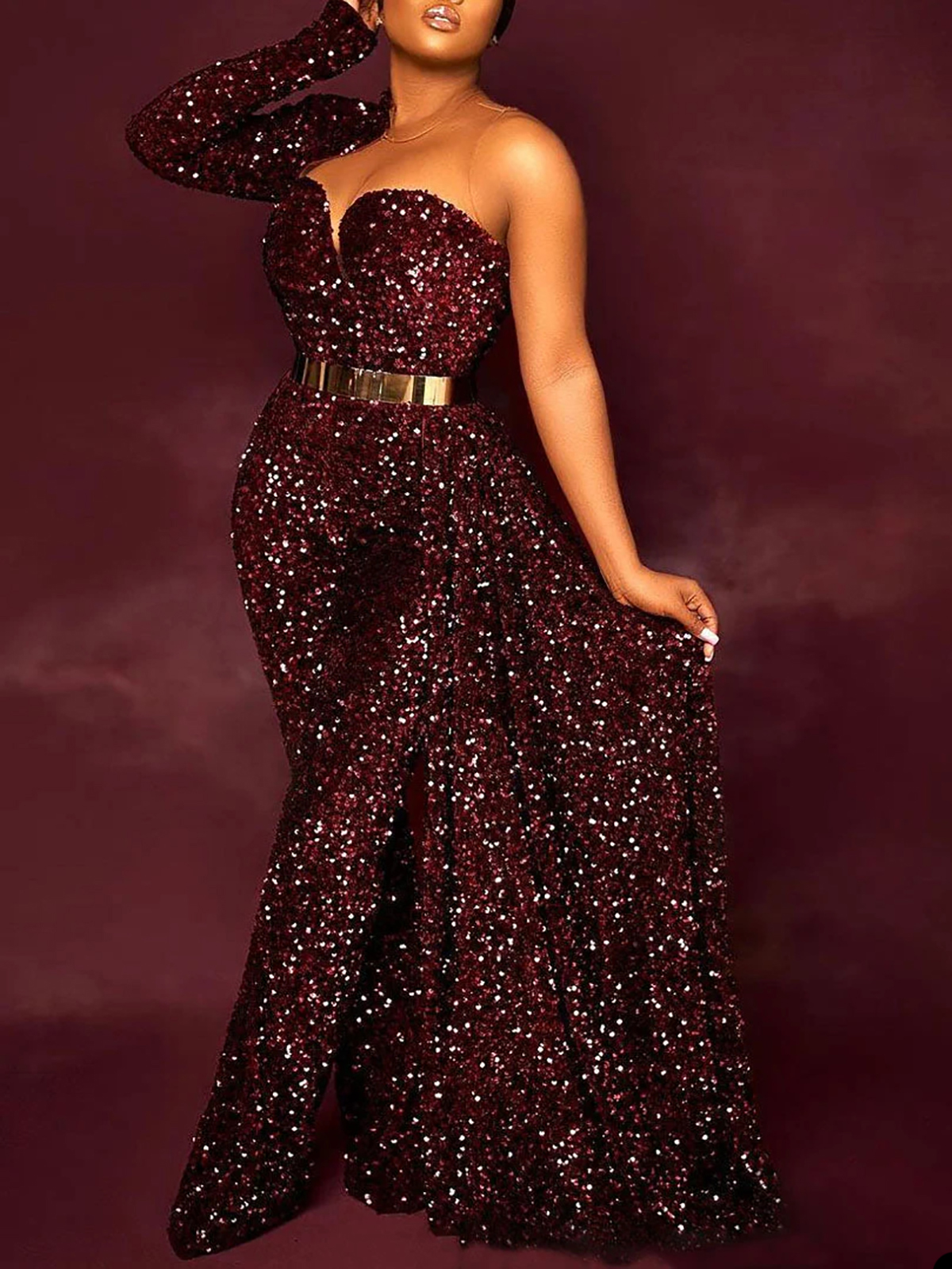 Robes De Bal Glamour Sirène Chérie Art Déco D'inspiration Cou Une Manches Taille Haute Brillant Paillettes Ceinture Etage Longueur Robe De Soirée Sur Mesure Plus La Taille