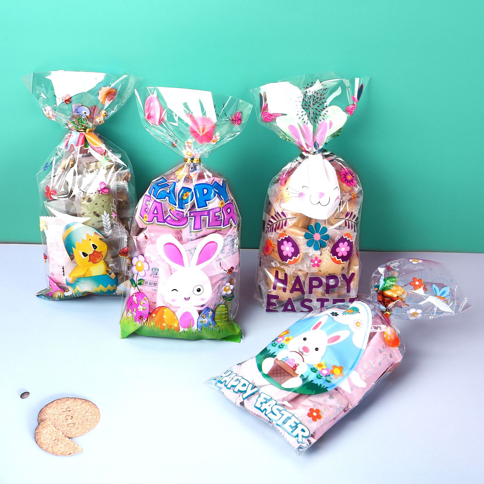 Easter Clear Plastic Cellophane Treat Goodie Bags with Twist Ties for Party Favor Candy Cookie Popcorn Dessert Bakery Gift Wrapping Bag