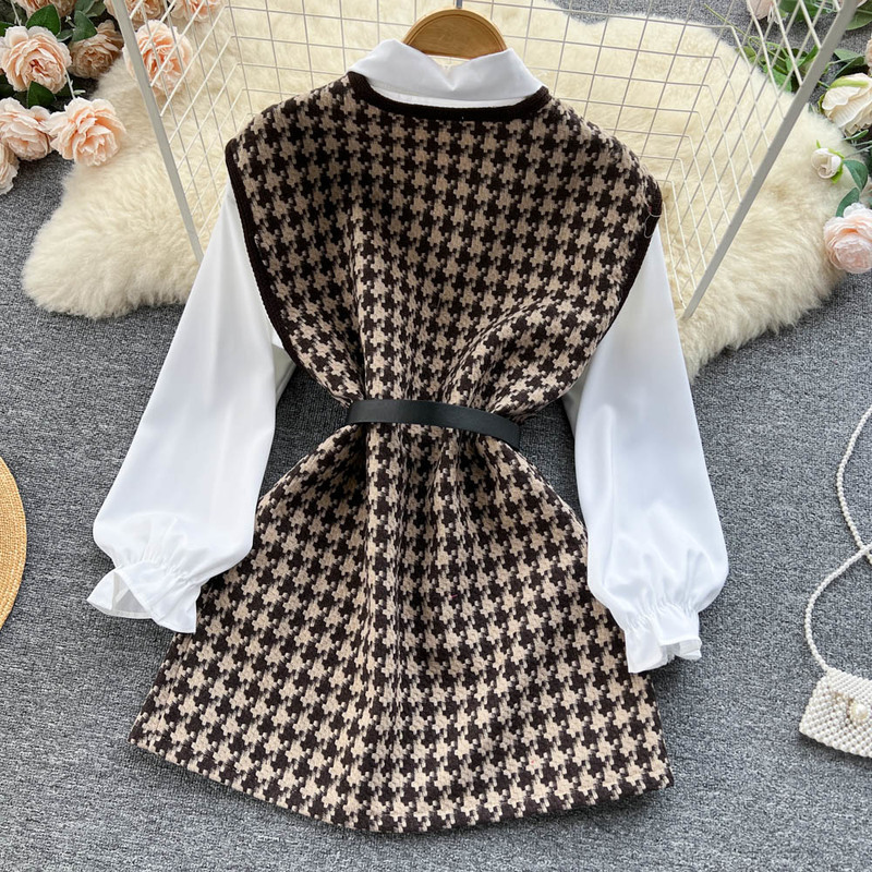 Korean Fashion Two Piece Dress Set Turn Down Collar Solid Color Single-breastedTop Suit sleeveless Slim Plaid Belt Dress Outfits 2023