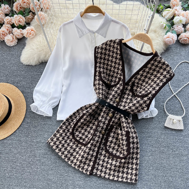 Korean Fashion Two Piece Dress Set Turn Down Collar Solid Color Single-breastedTop Suit sleeveless Slim Plaid Belt Dress Outfits 2023