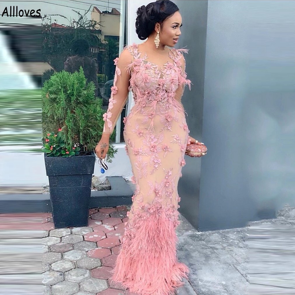 Pink Luxury Furs 3D Flowers Flowers Dresses Aso ebi eBi sheer neck sleeves forend forcts prossived evening lace heated mermaid dressal party party cl1657