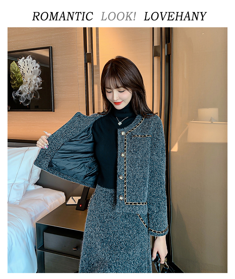 Casaco acolchoado de lã de algodão de cor cinza elegante e saia longa midi conjunto duplo de 2 peças terno SMLXL