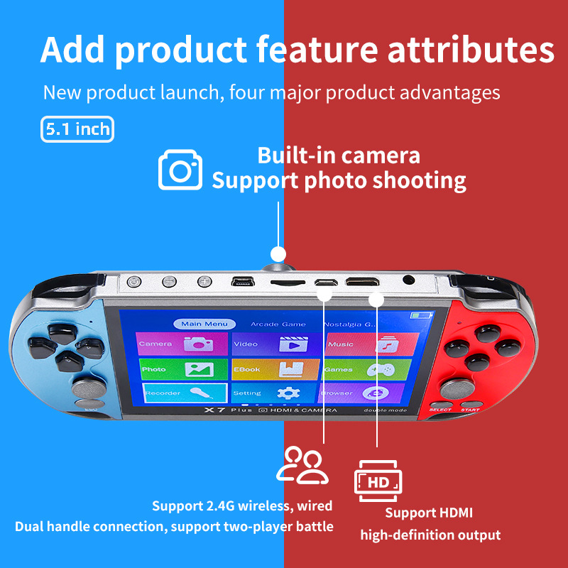 Nieuwe X7 Plus Game Console 5,1 inch HD Display Portable Wireless Handheld 1000 Games Handheld Player Ondersteuning Dubbel gevecht gebouwd in camera HDMI HDTV Uitvoer True Qual Core