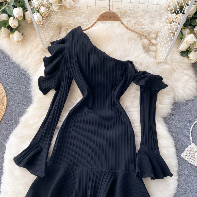 Diagonal Collar Off-shoulder Casual Dresses Vestidos Mujer 2023 New Flare Sleeve Slim Waist Knitted Robe Ruffles Hen Dress Women