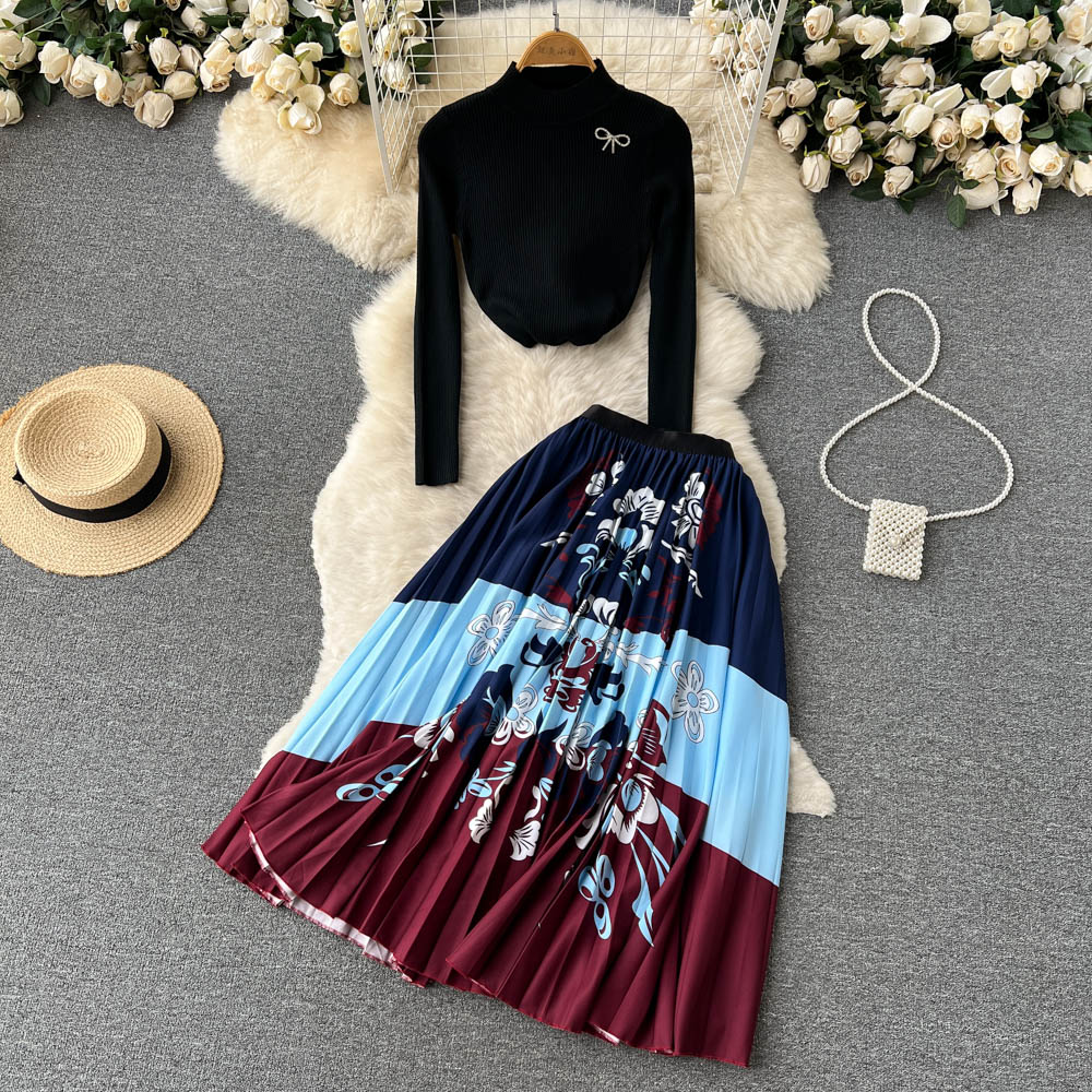 2023 Winter A Line Black Two Piece Pants Dresses Green Long Sleeve Women Wool Knitted suit Thick warm Spring autumn Suit Female pullover sweater set