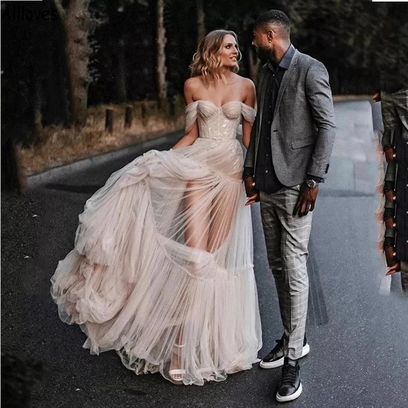 Off Shoulder Tulle Pleated A Line Wedding Dresses For Brides Sexy See Through Lace Boho Country Elegant Bridal Shower Engagement Gowns Chic Robes de Mariee CL1661