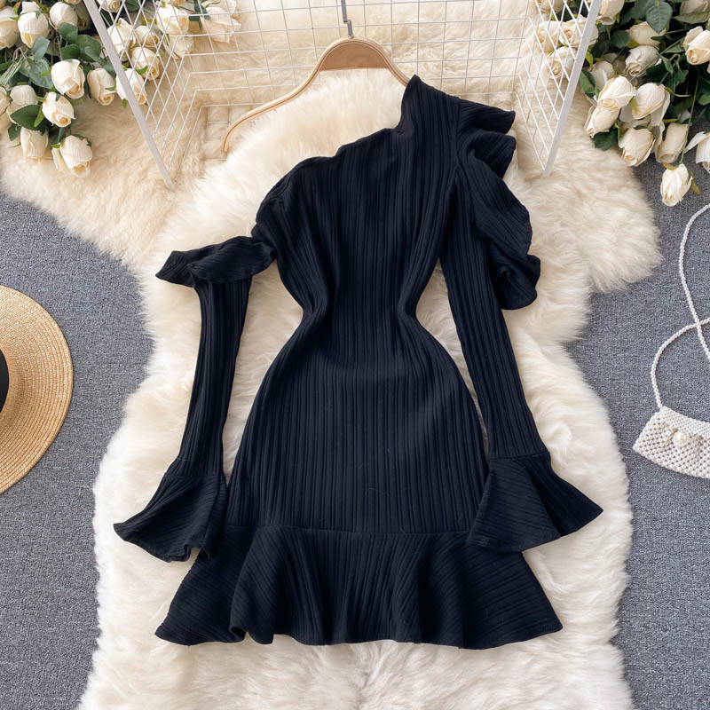 Diagonal Collar Off-shoulder Casual Dresses Vestidos Mujer 2023 New Flare Sleeve Slim Waist Knitted Robe Ruffles Hen Dress Women