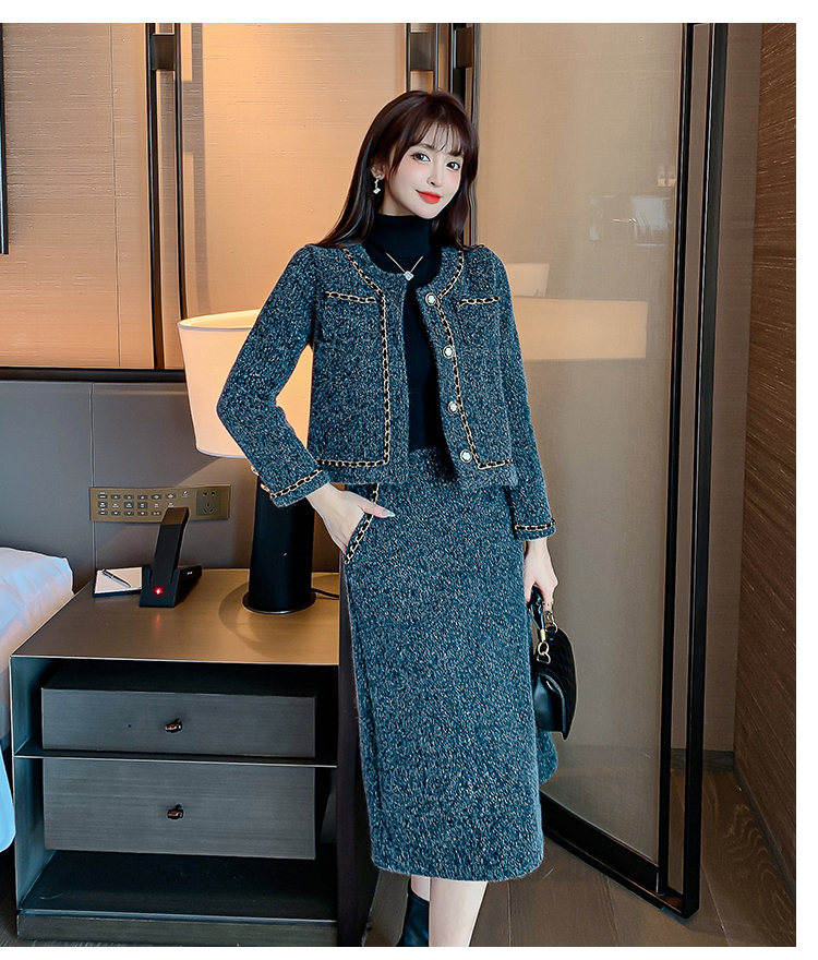 Casaco acolchoado de lã de algodão de cor cinza elegante e saia longa midi conjunto duplo de 2 peças terno SMLXL