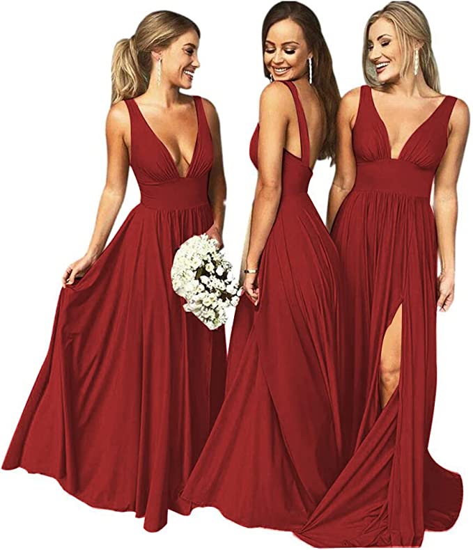スプリットvネックブライドメイドドレスは女性のために長い結婚式のフォーマルドレスサテンプロムドレスイブニングドレス