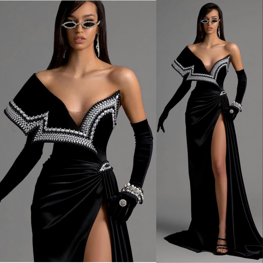 2023 Siyah Uzun Deniz Kızı Balo Elbiseleri Kadife Kapalı Omuz Artı Boyut İnciler Kristal Boncuklar Yüksek Yan Bölünmüş Resmi Parti Gowns Gece Elbise Vesti