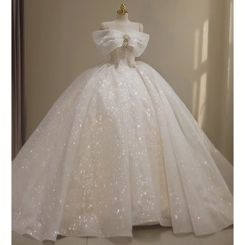 Sparkly a Line Hochzeitskleid Pailletten Appalier Langblingbling Dubai Saudi Arabic Ball Gown Brautkleider von der Schulter offener Rückenbrautkleider