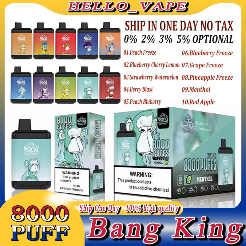 Original Bang King Puffs 8000 eng￥ngsuppladdningsbar Vape Pen Device E Cigarett 650mAh 15 ml Patroner Pod Mesh Coil 10 Flavors Vaporizers With Lanyard 0% 2% 3% 5% 5%
