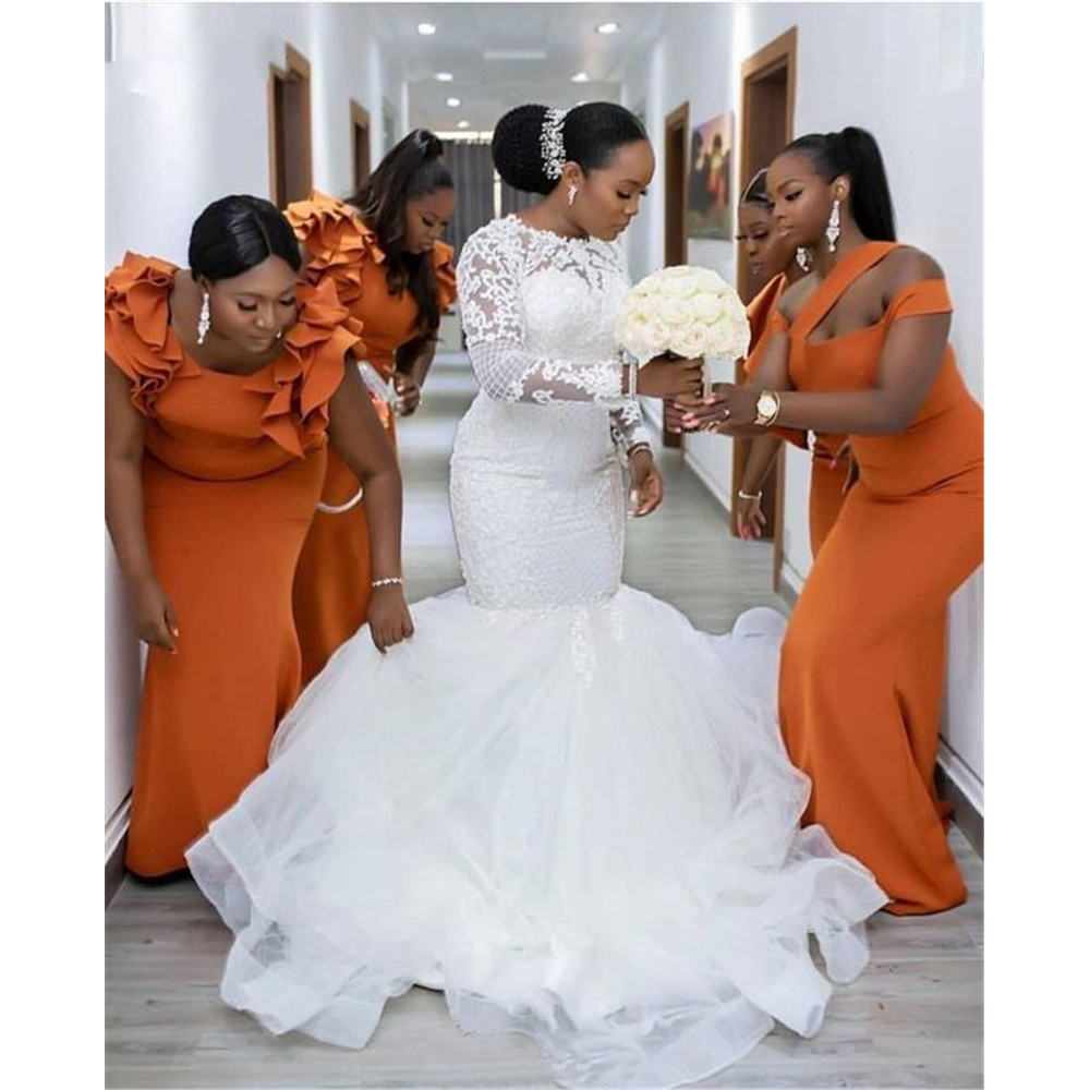 Vestidos de dama de honra baratos de sereia laranja queimado garotas pretas de dama de honra Brides Ruffles Elastic Satin Wedding Vestio