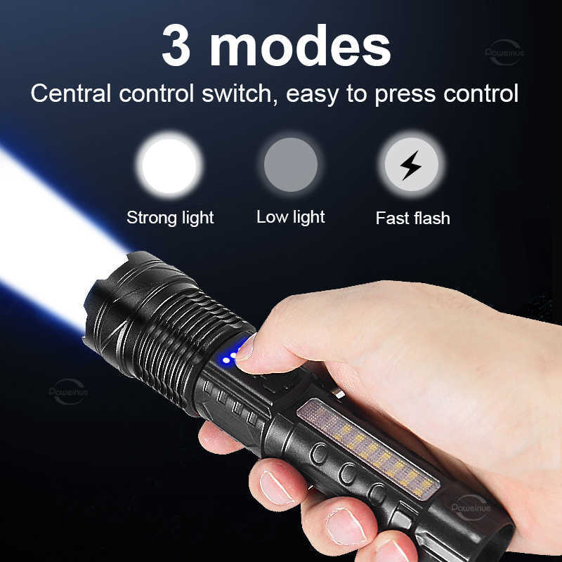 Flashlights Torches High Power LED Flashlights Most Powerful Tactical Flashlight Rechargeable Long Shot Torch 7 Modes Hand Lamp With Side Light P230517