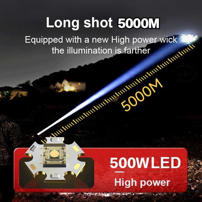 Flashlights Torches 500W Powerful Flashlight With Usb Charging 990000LM High Power Led Flashlights Zoom 5000m Rechargeable Torch Work Camping Light 0109