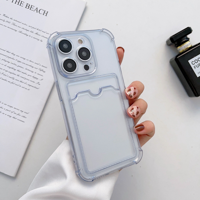 Card Slot Pocket Clear TPU Cases For IPhone 15 14 Pro Max 13 12 iPhone14 Mini 11 XR X XS 10 8 7 Plus 6 Credit ID Fine Hole Soft Crystal Transparent Silicone Phone Back Cover