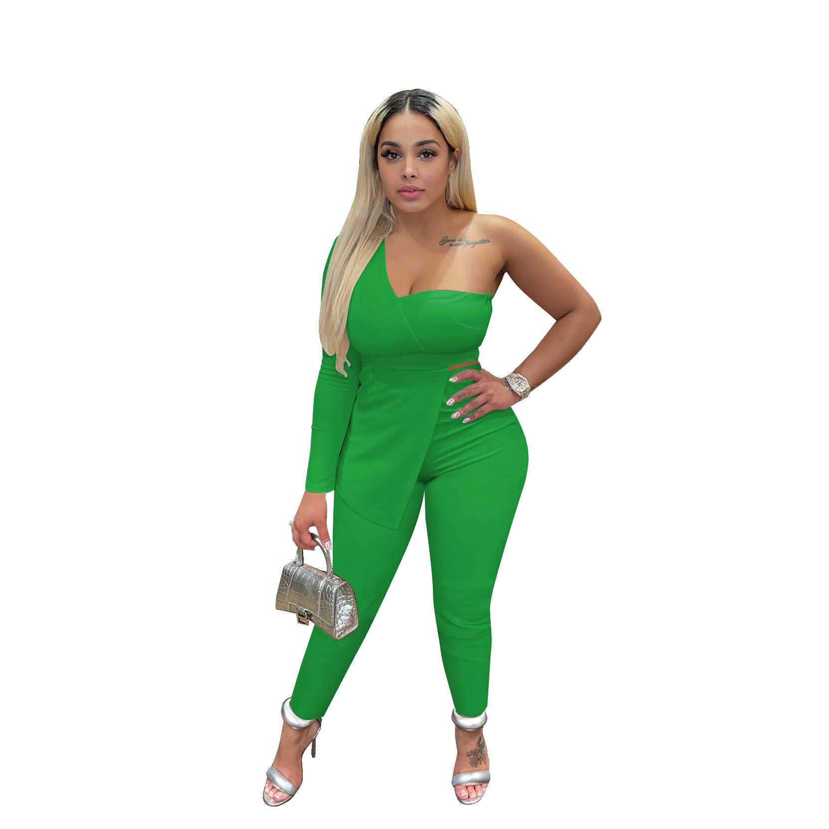 Femmes Deux Pièces Pantalon Ensemble Designer Mince Sexy Une Manches Conception Simple Solide Dames Sportwear S-XXL 7 Couleurs