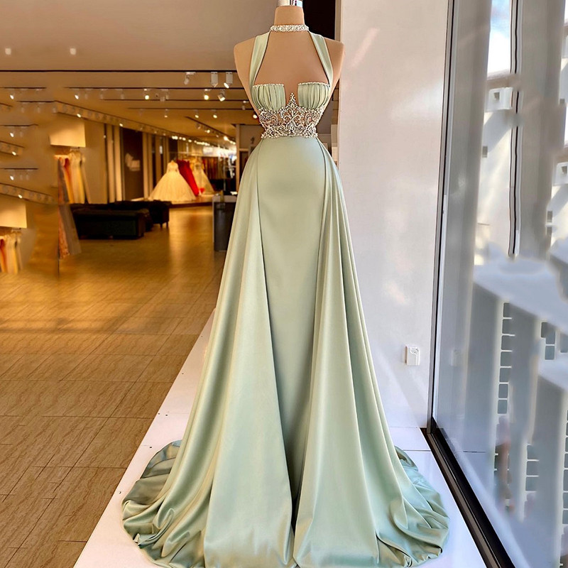 Arabic Green Mermaid Prom Dresses Elegant Sleeveless Halter Neck Soft Satin Beading Dresses Long Party Evening Gowns 0109