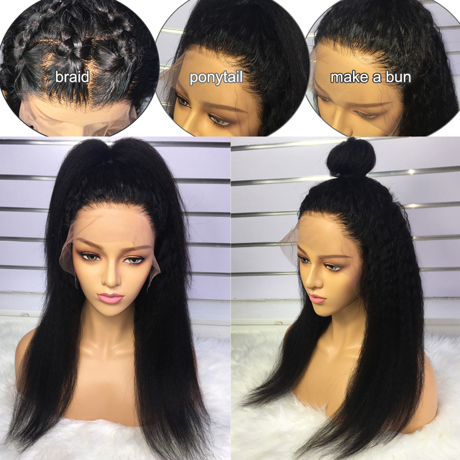 coarse yaki Kinky Straight Wig Transparent 360 full Lace Frontal Wig Curly Human Hair Wigs 360 Pre Plucked Glueless Closure Remy 130% HD invisible