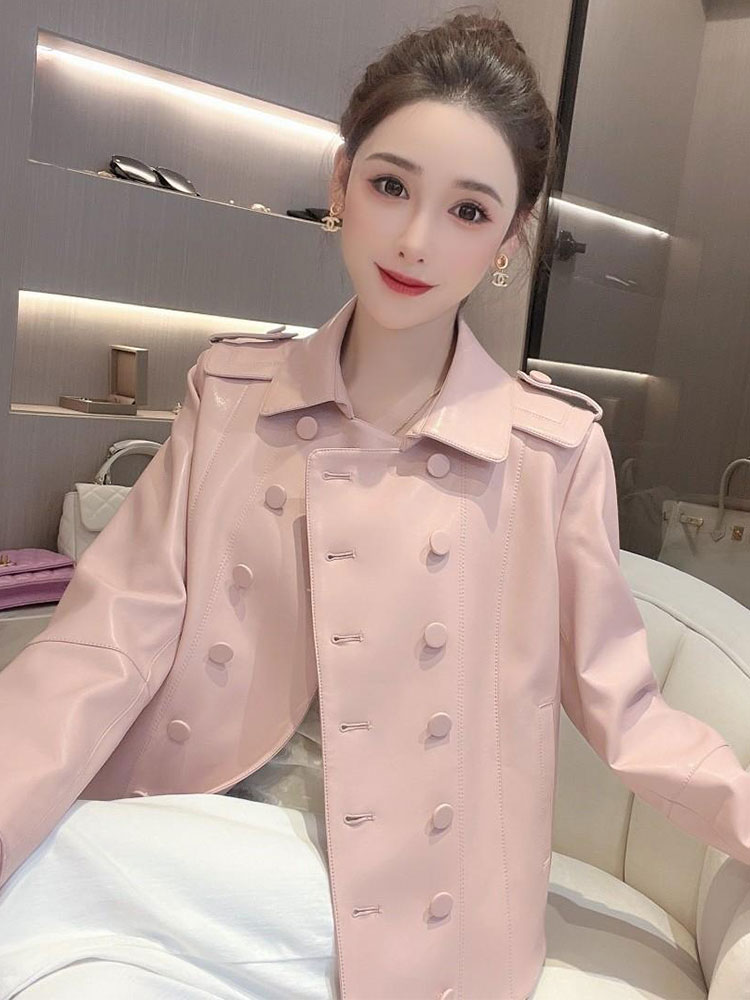 Kvinnors rosa färg dubbelbröst elegant pu läder söt jacka kappa smlxl