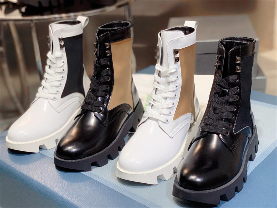 2023 Designer Paris Rocksand Leather en Nylon Combat Boots Cross Band Tied Rivet Triangle Pattern Ankle Short Booties Flat Platform Brand Sneakers met originele doos