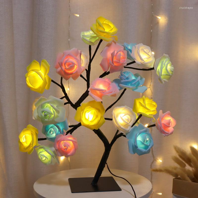 Lámparas de mesa LED Lámpara de flor de rosa USB Árbol de Navidad Luces de hadas Noche Fiesta en casa Decoración de dormitorio de boda For236O