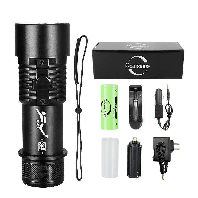 Zaklampen fakkels xhp70 waterdichte duik zaklamp onder water 200 meter led duiken flitslicht torche geel-witte lamp licht werk camping lantaarn 0109